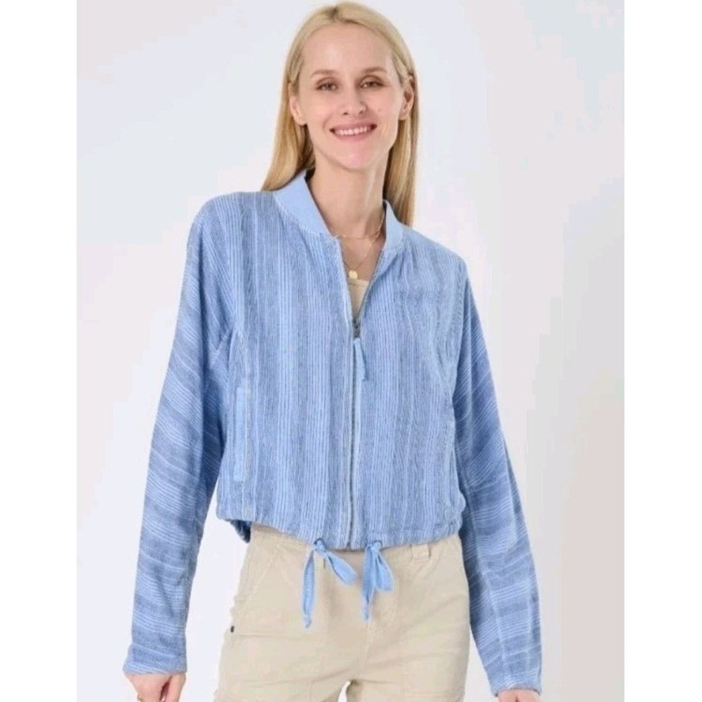 Marrakech Florence Linen Dolman Sleeve Full-Zip Crop Jacket Striped Blue Size S‎